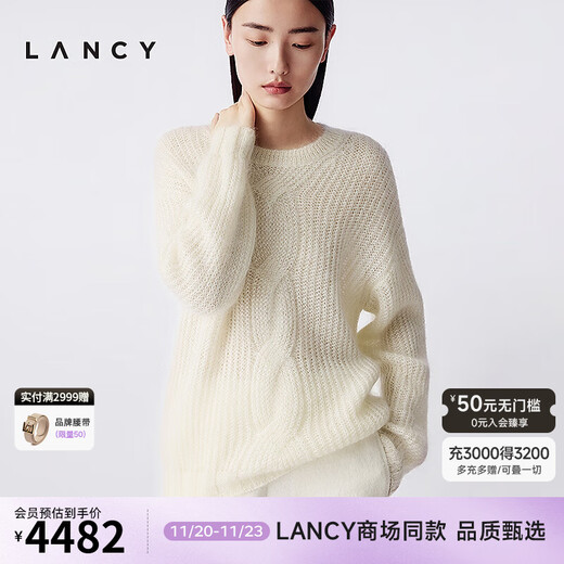 LANCY mohair silk 25 winter new style relaxed cable knit sweater women's round neck off-shoulder sweater off-white M