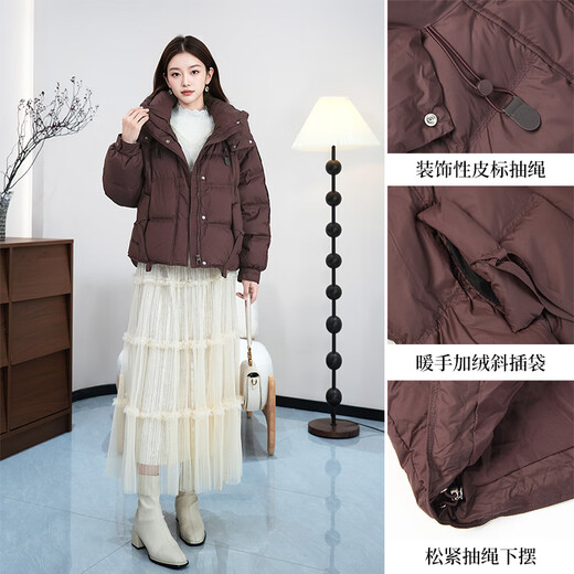 朵以2025冬季新款时尚短款面包服鸭绒小个子连帽羽绒服保暖外套女 馥郁红 M