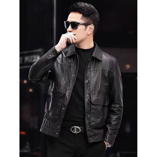KBXNG Jinba leather jacket men's short oil wax first layer sheepskin new lapel spring and autumn wallet men's jacket black-single style black-single style M 170/-recommended 90-120Jin Jin is equal to 0.5 kg