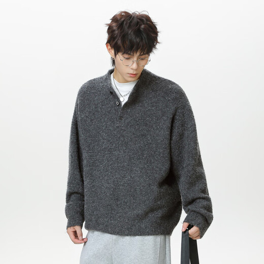 ROAR UTHAUG autumn and winter Henry collar polo sweater men's thickened warm sweater loose casual lazy style pullover sweater jacket Moss green M