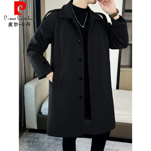 Pierre Cardin men's loose mid-length versatile single-breasted woolen coat new autumn and winter comfortable casual windbreaker handsome coat black L