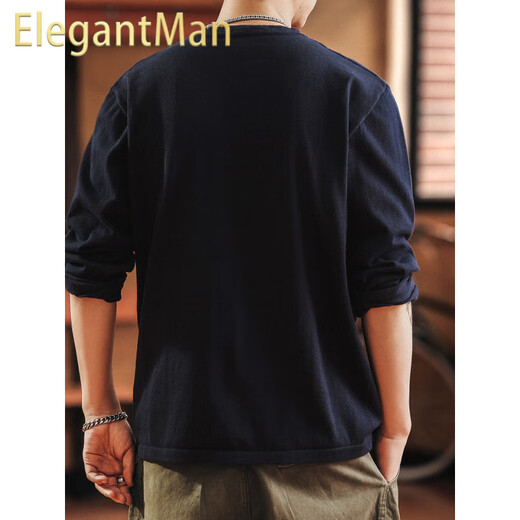ElegantMan Blue Deer American Tough Guy Henry Collar Long Sleeve Sweater Men's Autumn and Winter Loose Soft Warm Bottoming Shirt Navy S _Suitable for 90-110Jin Jin is equal to 0.5 kg