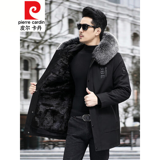 Pierre Cardin Parker Men's 2025 New Fox Fur Liner Mid-Length Fur Jacket Black Shell + Black Mink Fur Liner Cream Black Fur Collar <Genuine Leather> M 90Jin Jin equals 0.5kg --110Jin Jin equals 0.5kg