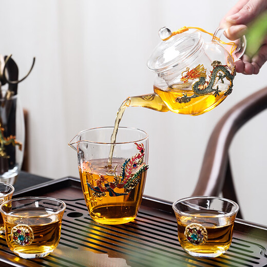 Ai Yingjia Light Luxury Glazed Tea Set High-end Gold-Inlaid Jade Porcelain Kung Fu Tea Ceremony Complete Set Glass Tea Bowl Tea Cup Set 8-head Xianglong Ancient Rhyme Pot Set-Silver