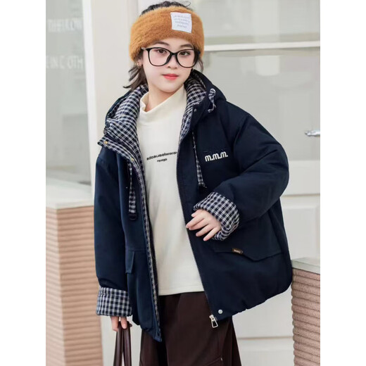 Burwilde International Brand Girls' Cotton Clothes Winter Clothes 2025 New Style Children's Velvet Thickened Cotton Clothes Winter Plaid Splicing Pink 120 cm