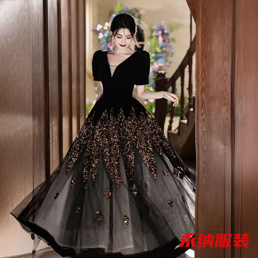 Mei Anjia black V-neck evening dress high-end light luxury niche host catwalk solo performance test clothing elegant lady black 2XL