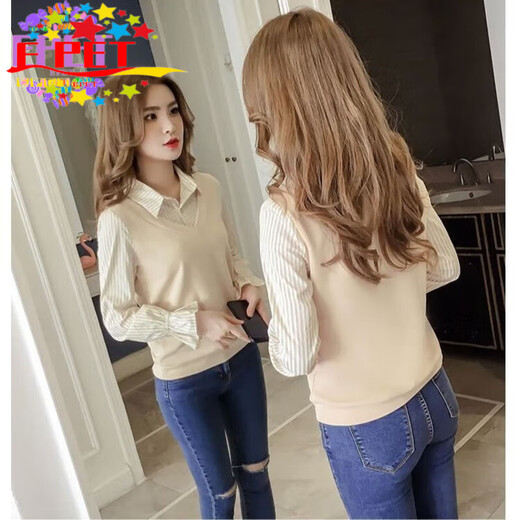 EPET Striped Shirt Women's Long Sleeve 2025 Spring and Autumn New Korean Style Versatile Fake Two-piece Top Small Fresh Shirt Design Blue S 80-95Jin Jin is equal to 0.5 kg
