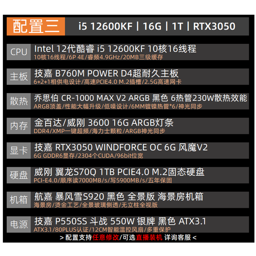 Gigabyte i5 14490F/12600KF/RTX5060Ti/5070 sea view room black myth Wukong game e-sports design Gigabyte desktop DIY computer host three i5 12600KF丨RTX3050