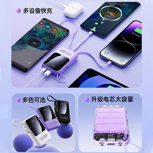 Epcbook direct sales national standard 3C certified 20000 mAh power bank with built-in cable for fast charging, can be used on airplanes, large-capacity mobile power supply, ultra-thin, compact and portable, suitable for Xiaomi, Apple and Huawei flagship version, four-wire fast charging | compact and portable | 666% faster; national 3C certification | can be used on airplanes; 1 million+ large mAh sold