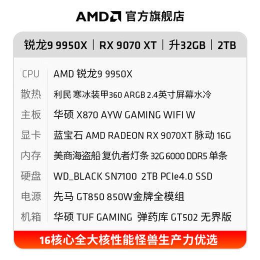 AMD ASUS family bucket Ryzen R9 9950X assembled computer host RTX5080 game live broadcast AI design rendering editing host desktop complete machine diy assembly machine R9 9950X+RX9070XT host丨Configuration four host kit