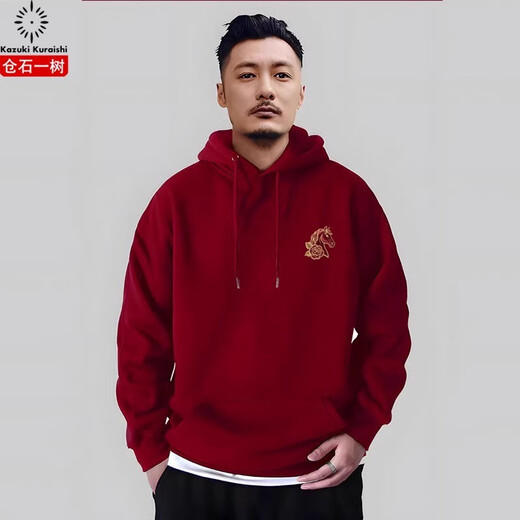 Kuraishi Kazuki high-end burgundy sweatshirt men's 2026 autumn and winter trendy versatile embroidered Year of the Horse animal year clothes burgundy XL
