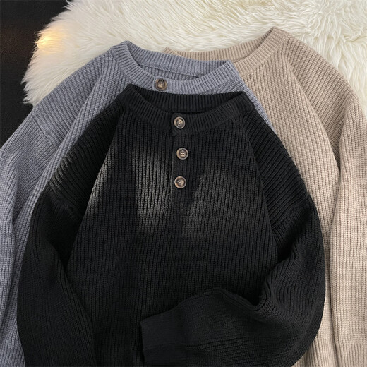 Xiaohongshu's popular cleanfit henley collar sweater for men, autumn and winter style lazy style sweater, American style cover, black, M, one size fits all