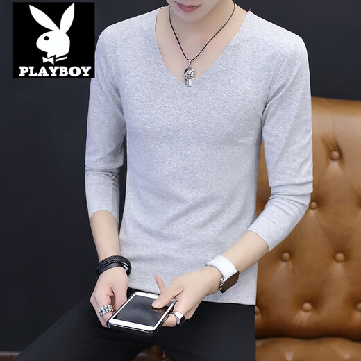 Playboy Autumn long-sleeved T-shirt men's seamless thin pure cotton low-neck underwear autumn v-neck slim cotton inner base white L 175/88A