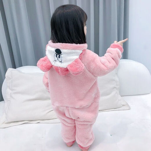 Children's one-piece pajamas autumn and winter thickened velvet warm sleeping bag for boys and girls belly protection plush warm home clothes pink 120