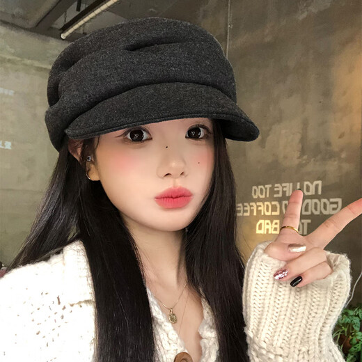 Yi Jian Japanese Yamamoto style black pleated beret women's autumn and winter new retro duck bill newsboy hat painter hat versatile retro pleated octagonal hat black one size (internally adjustable, suitable for small heads)