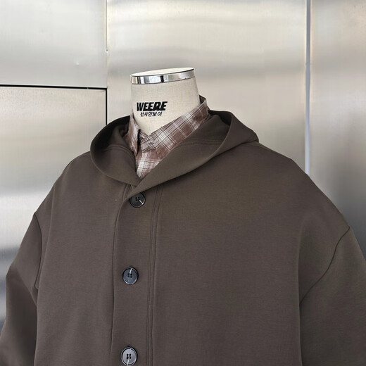 Vimadtly retro 350g air layer henley collar loose hooded sweatshirt men black S