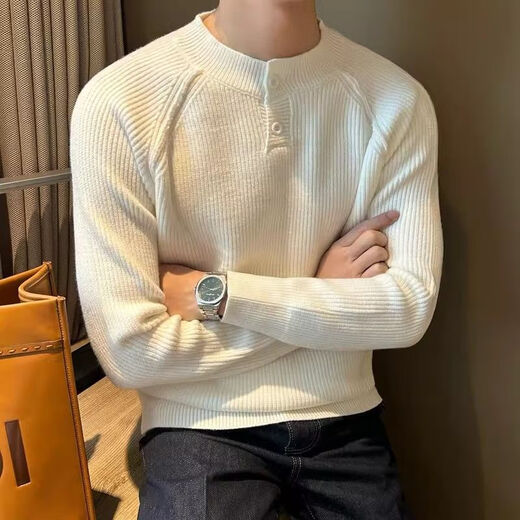 Deyun Derun Anti-pilling Autumn and Winter Korean Style Solid Color Casual Thick Sweater Men's Pullover Jacquard Striped Henry Collar Bottoming Sweater White L
