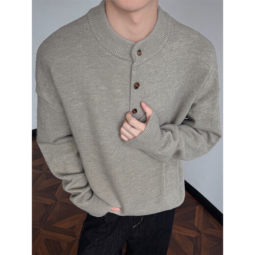 Luyard American trendy high street retro Henry collar woolen clothes for men in autumn and winter versatile high-end bottoming sweaters and clothes Khaki XL