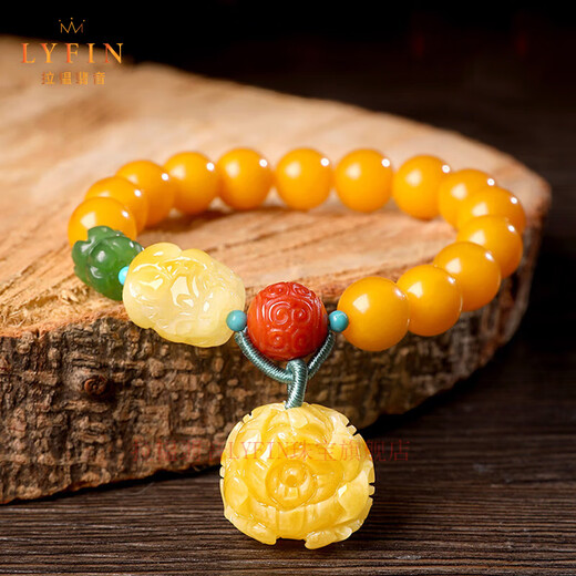 Layun Feiyin beeswax bracelet for women, high-end craftsmanship, peony flower, jade, and amber handmade chicken fat yellow beaded bracelet, about 10mm (with certificate)