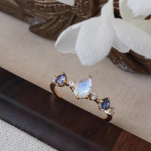 Fat Donglai's same style tanzanite ring Japanese niche same style natural moonstone water drop with high temperament open adjustable ring
