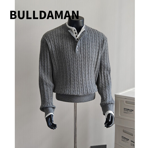 BULLDAMAN old money style Henry collar fake two-piece sweater for men winter new casual commuter style bottoming sweater dark gray S