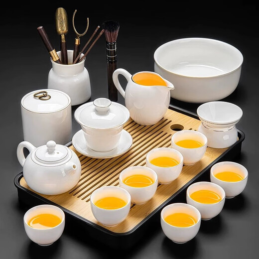 Cute press mutton fat jade white porcelain tea set