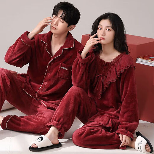 Victoria style wedding couple pajamas winter coral velvet warm red zodiac year newlywed men and women home wear outer suit CY9950 M female + male L