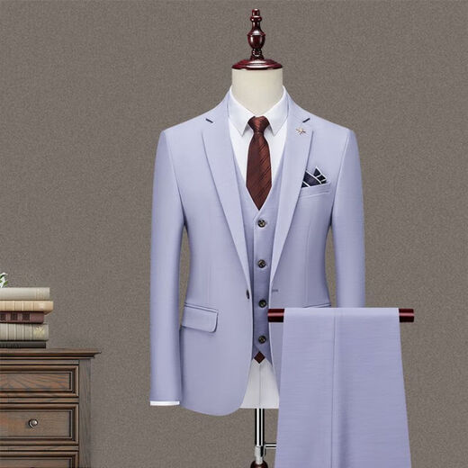 BIEMLFDLKK BG Biyinlefen same style three-piece men's suit suit business professional formal small suit Korean version slim fit denim blue S