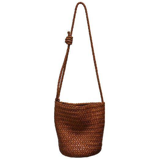 HOYOZI first-layer cowhide hand-woven bag women's summer shoulder crossbody bucket bag coffee color pre-sale first-order first-layer cowhide, purely hand-woven