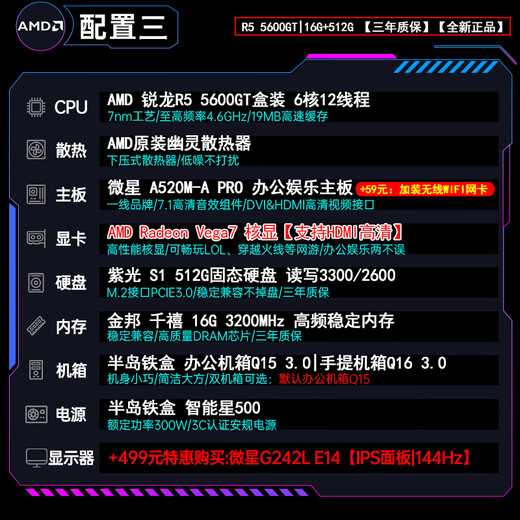 GAINWARD Intel Core i3 13100f/i5 12400/225 boxed assembly desktop office computer 5600gt commercial amd host online class LOL game home desktop computer configuration three boxed 5600GT丨16G+512G