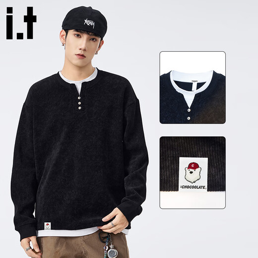 CHOCOOLATE it fake two-piece Henry collar sweatshirt men's 2025 autumn and winter new casual sweater top black M recommended 90Jin Jin equals 0.5kg -110Jin Jin equals 0.5kg