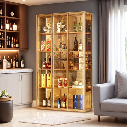 Yusenyi wall-mounted custom glass wine cabinet brushed gold display cabinet black frame + tea glass 1200x2000mm including wine glass holder