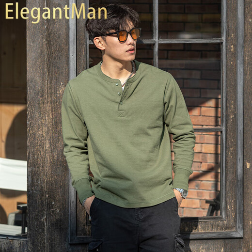 ElegantMan American Retro Henley Long Sleeve T-Shirt Men's 250g Cotton Side Seamless 2025 Winter Henley Collar Bottoming Shirt Green_ 250g Heavy Cotton S _Reference-125Jin Jin is equal to 0.5 kg