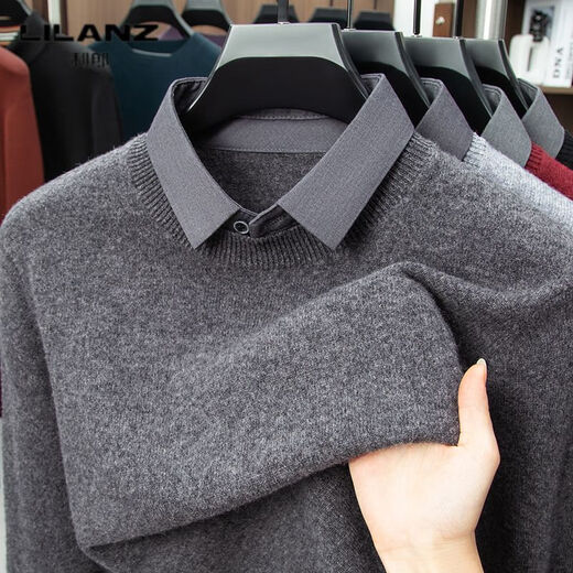 Lilan men's shirt collar fake two-piece woolen sweater round neck thickened casual top new middle-aged business sweater fake black thickened M (165)