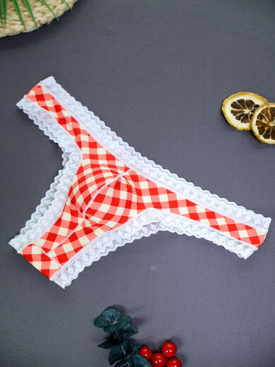 Men's Thong Low Rise Sexy Lace Half Cover Hips U Bumper Pockets Breathable and Comfortable Seamless Panties Red S