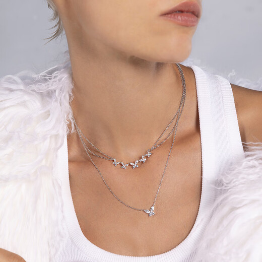 APM Monaco Butterfly Double Chain Adjustable Necklace Women's Silver and White Necklace Birthday Gift Couple Sweater Chain Silver and White Necklace