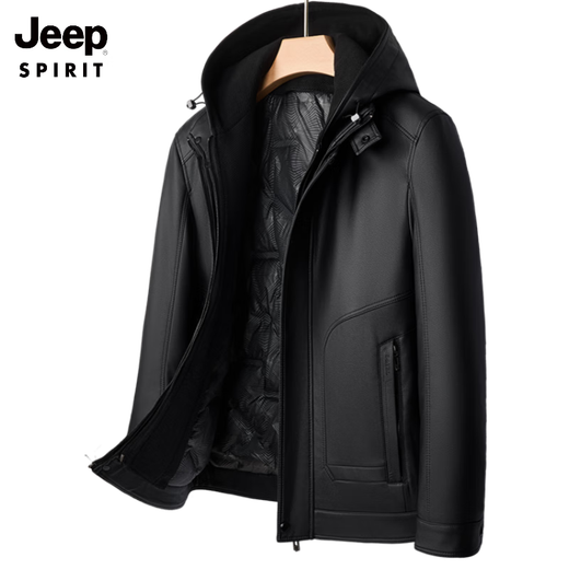 JEEP SPIRIT winter plus velvet thickened white duck down lining leather jacket men's hooded motorcycle jacket casual pu leather warm leather jacket black M 170
