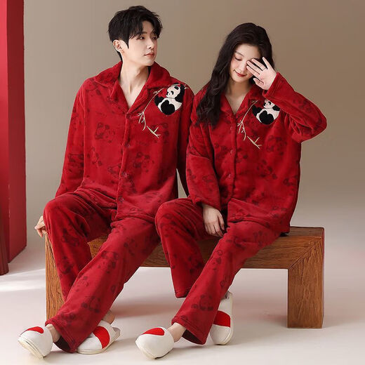 Victoria style coral pajamas for couples red newlywed flannel zodiac year home clothes for men autumn and winter wedding thickened suit A58772 female 58771 male M female