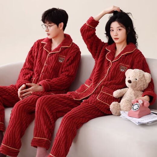 Victoria's style couple's coral velvet pajamas autumn and winter thickened animal year wedding suit for women and men winter bright red female 7149-male 7150 thickened M female + male L (two sets of prices)