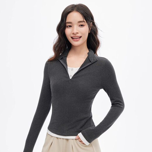 NEVER ME plus velvet yoga wear women's long-sleeved fake two-piece slim fit contrasting color Pilates base outer fitness top sports jacket dark floral gray S