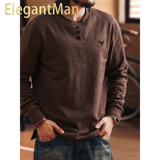 ElegantMan American outdoor mountain bamboo cotton long-sleeved T-shirt men's autumn new tough guy Henry collar bottoming shirt Brown M _Suitable for 110-130Jin Jin equals 0.5 kg