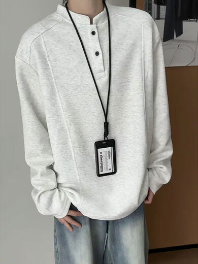 Jingyan selects white and gray henley collar long-sleeved polo shirt for men in autumn and winter, right shoulder sweatshirt, American style inner layer, white and gray upgraded model 95 users choose M M