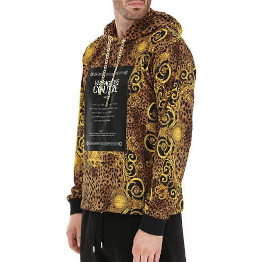 Versace (VERSACE) JEANSCOUTURE leopard print hooded sweatshirt men's black black S