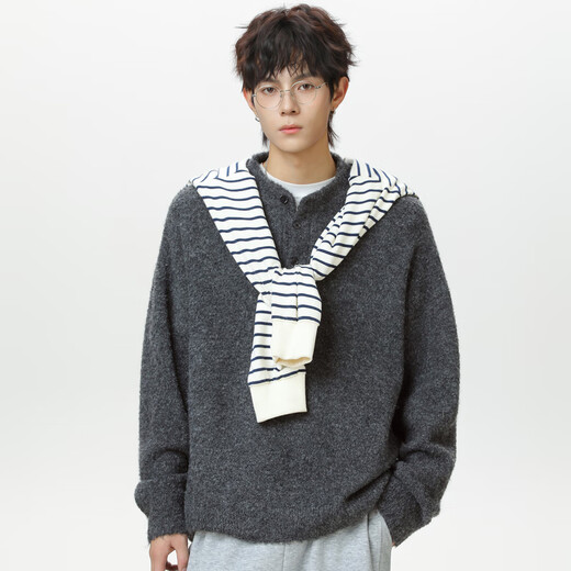 Xiaohongshu's popular men's Henry collar sweater for men in autumn, old money style top pullover sweater, lazy and high-end, dark gray (charcoal gray), M size is slightly too large, one size fits all