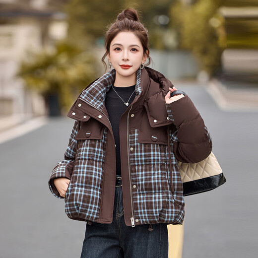 LISM shopping mall same style high-end down jacket design contrasting plaid down jacket women Korean version hooded short bread navy XL recommended 135-145Jin Jin equals 0.5 kg b