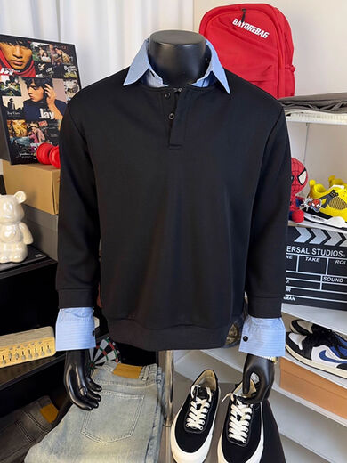 Jingyan selects American retro shirts spliced with fake two-piece long-sleeved T-shirts for men, autumn Henry collar, versatile shoulder guard, black upgraded version 95 user choice M M