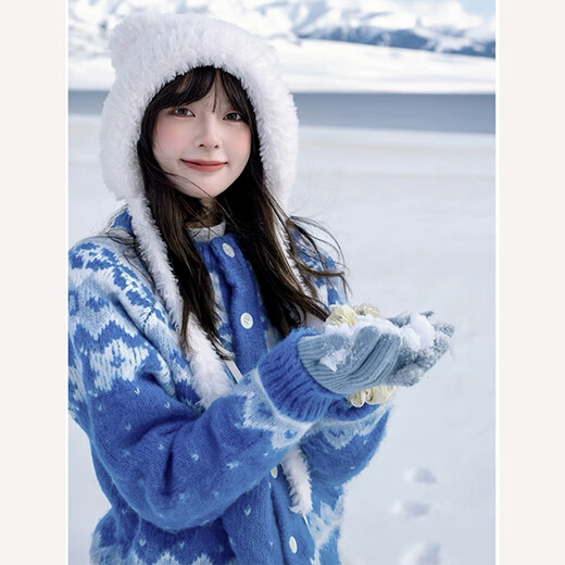 Harudi Fair Island blue jacquard sweater cardigan for women 2025 winter new lazy style thickened sweater top jacket blue one size fits all (115Jin Jin is equal to within 0.5 kg)