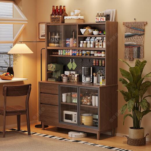 Huixun aparador de madera maciza gabinete de almacenamiento de cocina sala de estar gabinete de té multifuncional de gran capacidad gabinete de almacenamiento integrado gabinete de vino color nogal negro #toda madera maciza sin chapa/con enchufe integrado 200*40*181