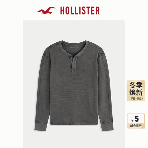 HOLLISTER Multicolor Henley Shirt Little Seagull Pattern 25 Autumn and Winter T-shirt for Men and Women 324-5563 Washed Black S (175/92A)