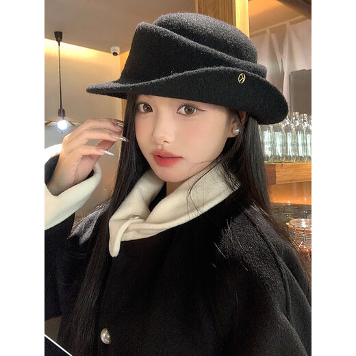 Zhunwu Qianjin top hat women's hat autumn and winter 2025 new woolen fisherman hat felt hat basin hat winter hat Hepburn style elegant French Qianjin style curled black top hat